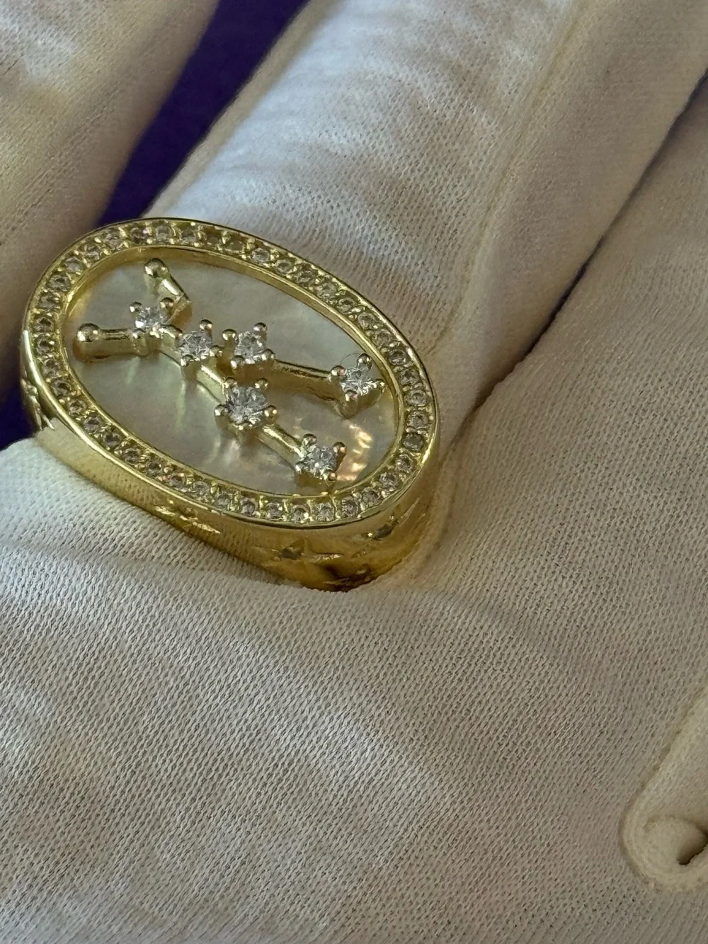 Melinda Maria Gold Zodiac Taurus Ring with Mother-of-Pearl and Crystal